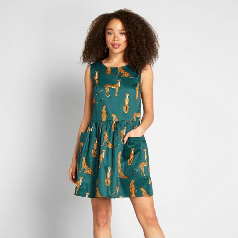 MODCLOTH - fun green and Cheetah  print dress “bold notion”